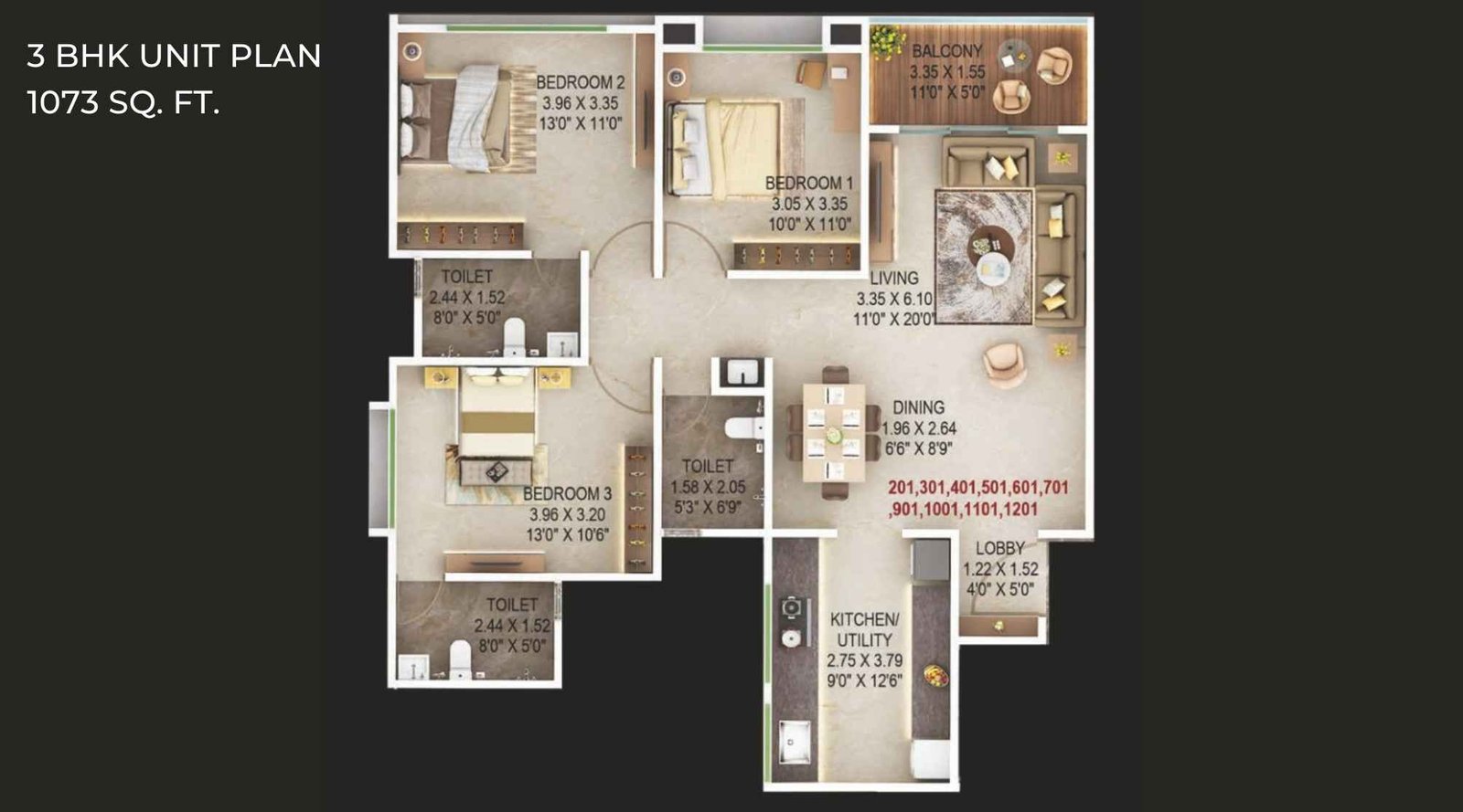 Majestique-Aravali-Floor-Plan-3-BHK-1073-Sqft